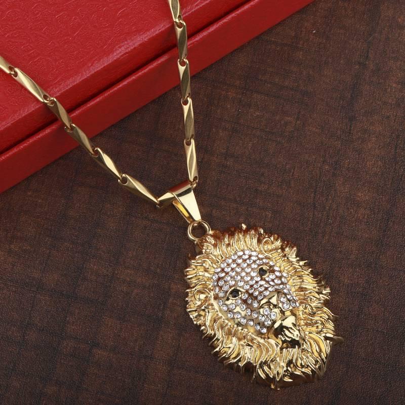 Gold Lion Head Pendant Necklace for Men – Crystal Studded H&S Jewelers