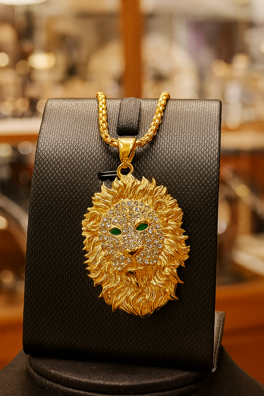 Gold Lion Head Pendant Necklace for Men – Crystal Studded H&S Jewelers