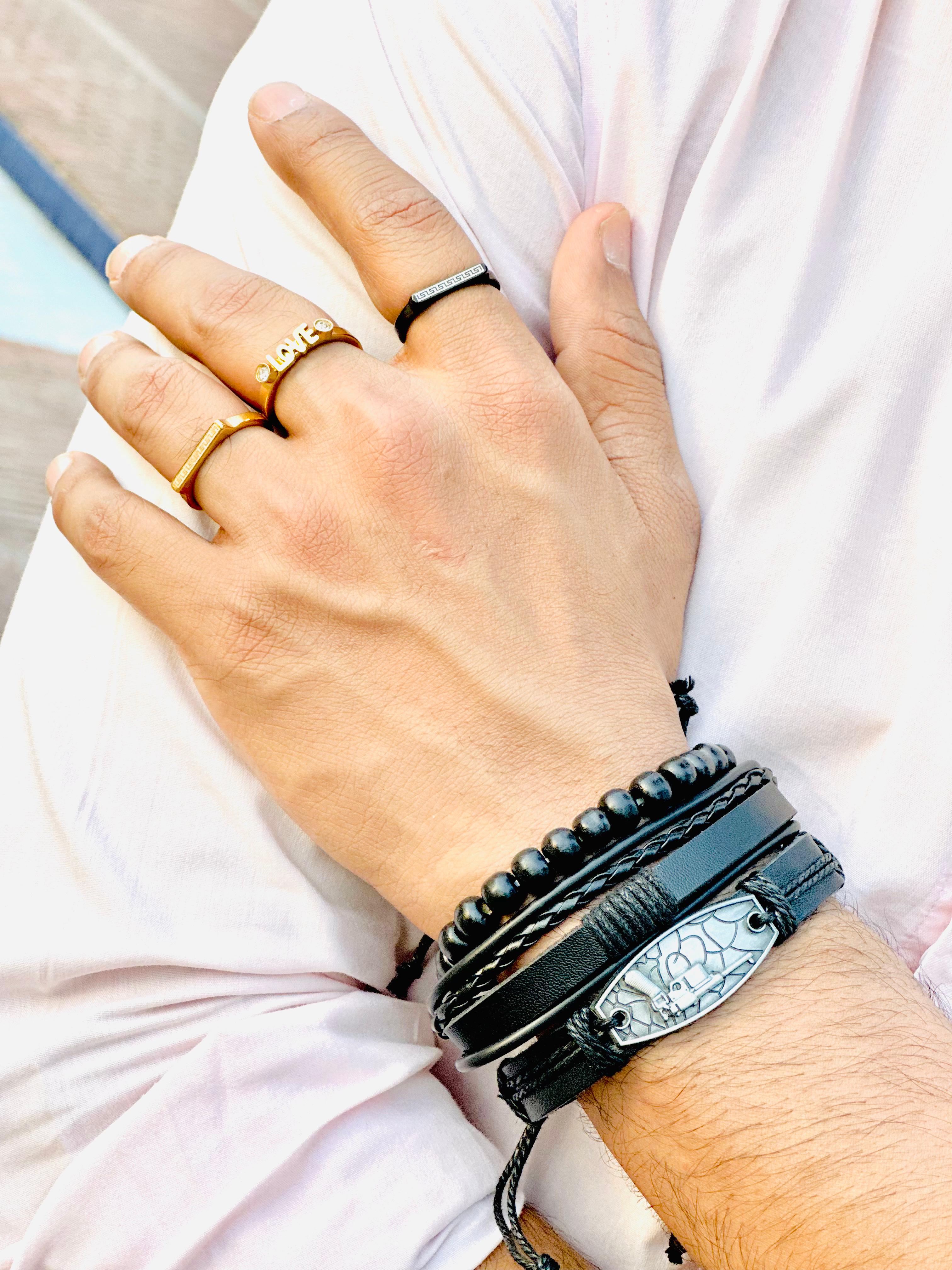 3 Pcs/Set Multi-layer Men Faux Leather Bracelet Adjustable Rope Wristband H&S Jewelers